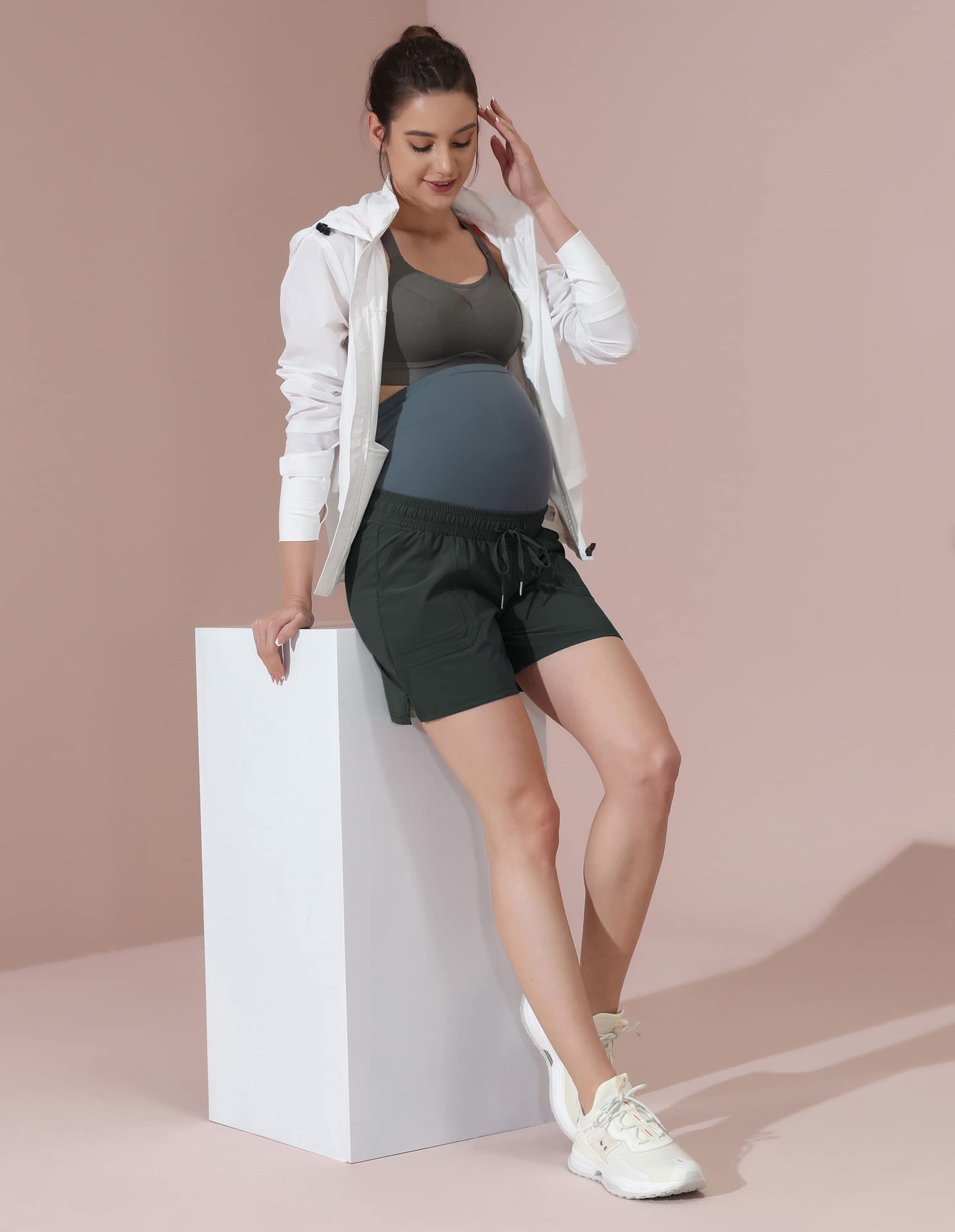 Maacie Pantalones cortos deportivos de maternidad de las mujeres de secado rápido transpirable de cintura alta pantalones cortos deportivos