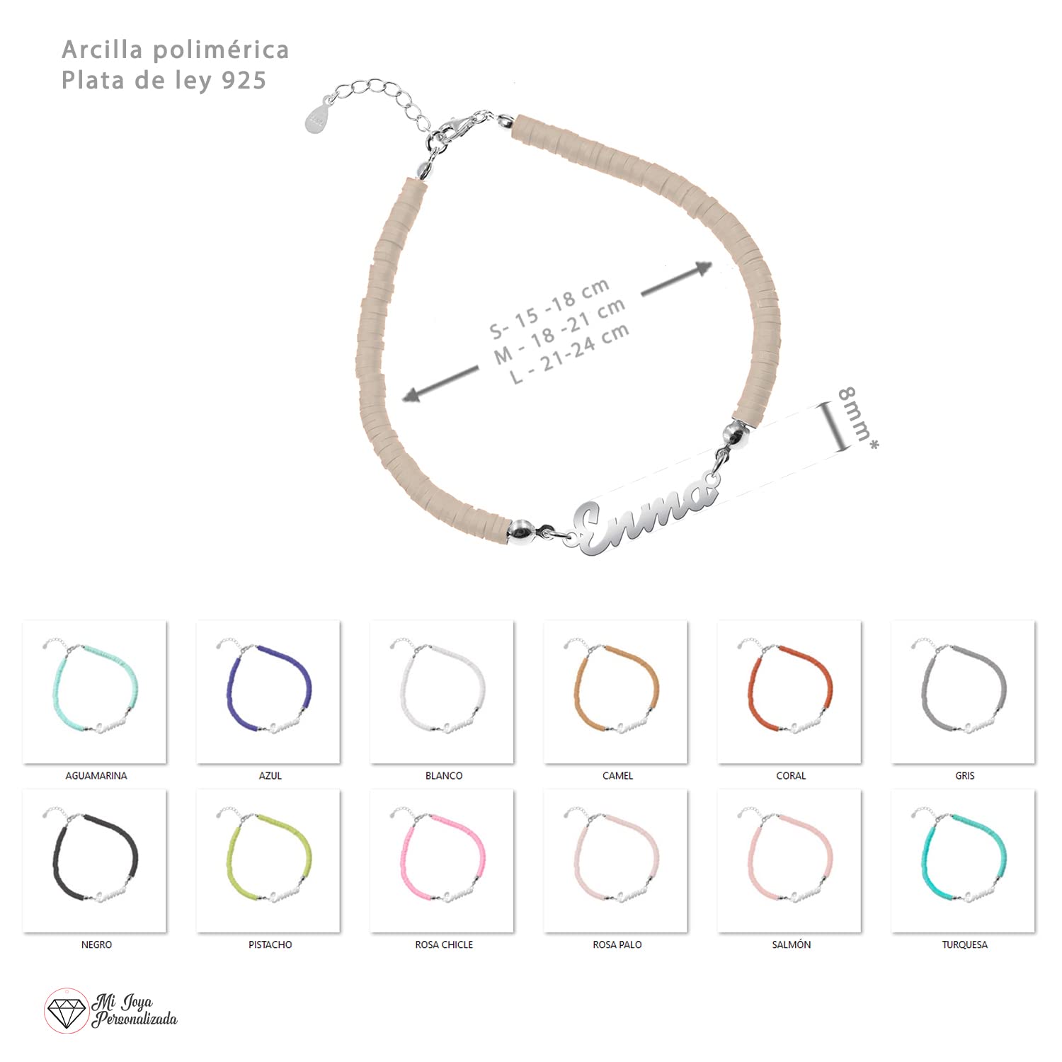 Pulsera Personalizada con Nombre de Plata de Ley y Arcilla Polimérica de Colores- Regalo para mujer hija nieta (Rosa chicle)