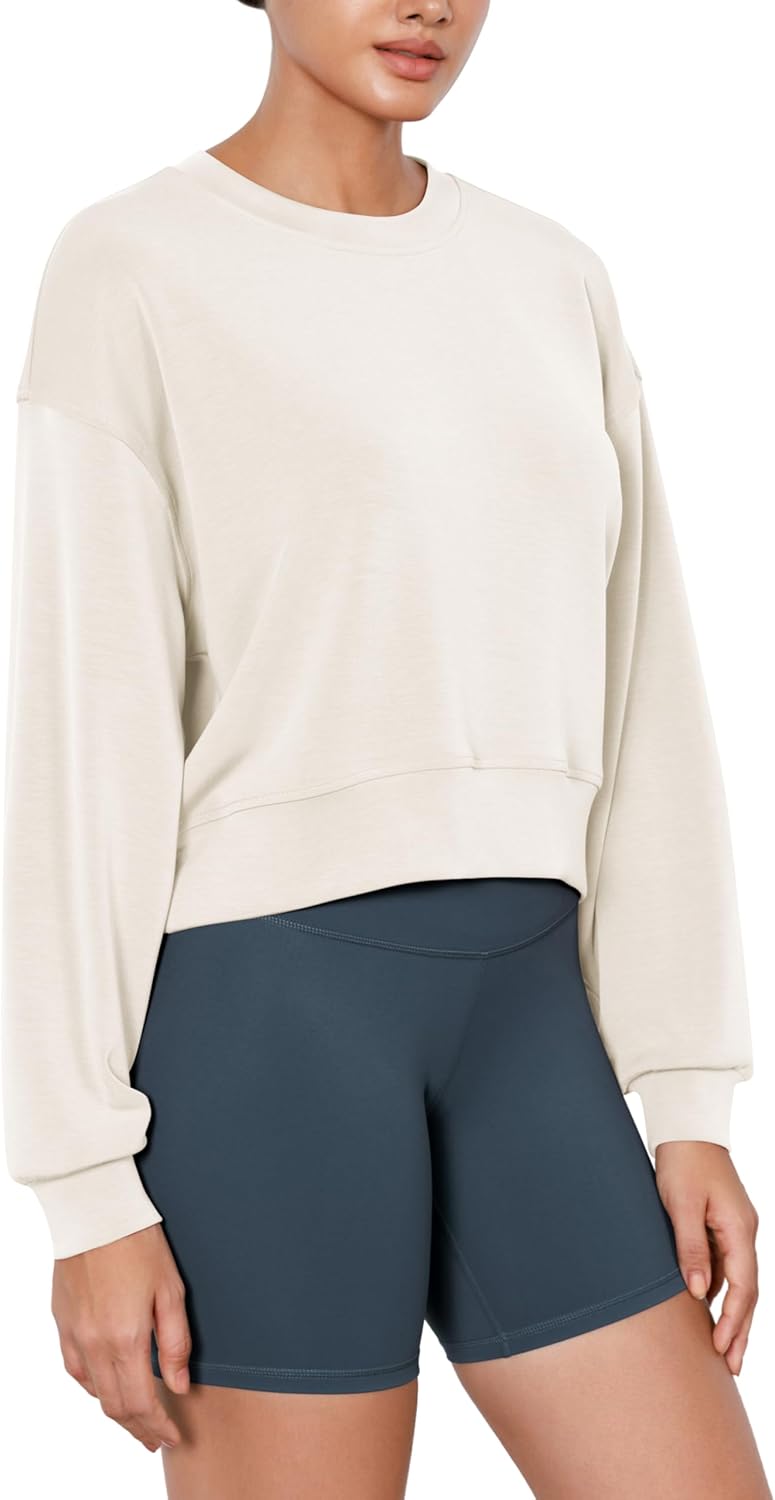 ODODOS Modal Soft Long Sleeve Cropped Sweatshirts for Women Oversized Crew Neck Pullover Crop Top