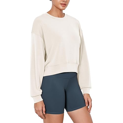 ODODOS Modal Soft Long Sleeve Cropped Sweatshirts for Women Oversized Crew Neck Pullover Crop Top