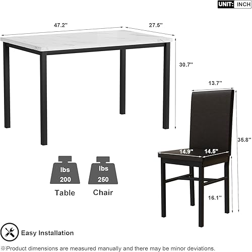 Miniatura 19 de Hooseng Juego de mesa de comedor de 5 piezas para 4 personas con parte superior de mármol sintético y sillas de terciopelo, juego de mesa de cocina