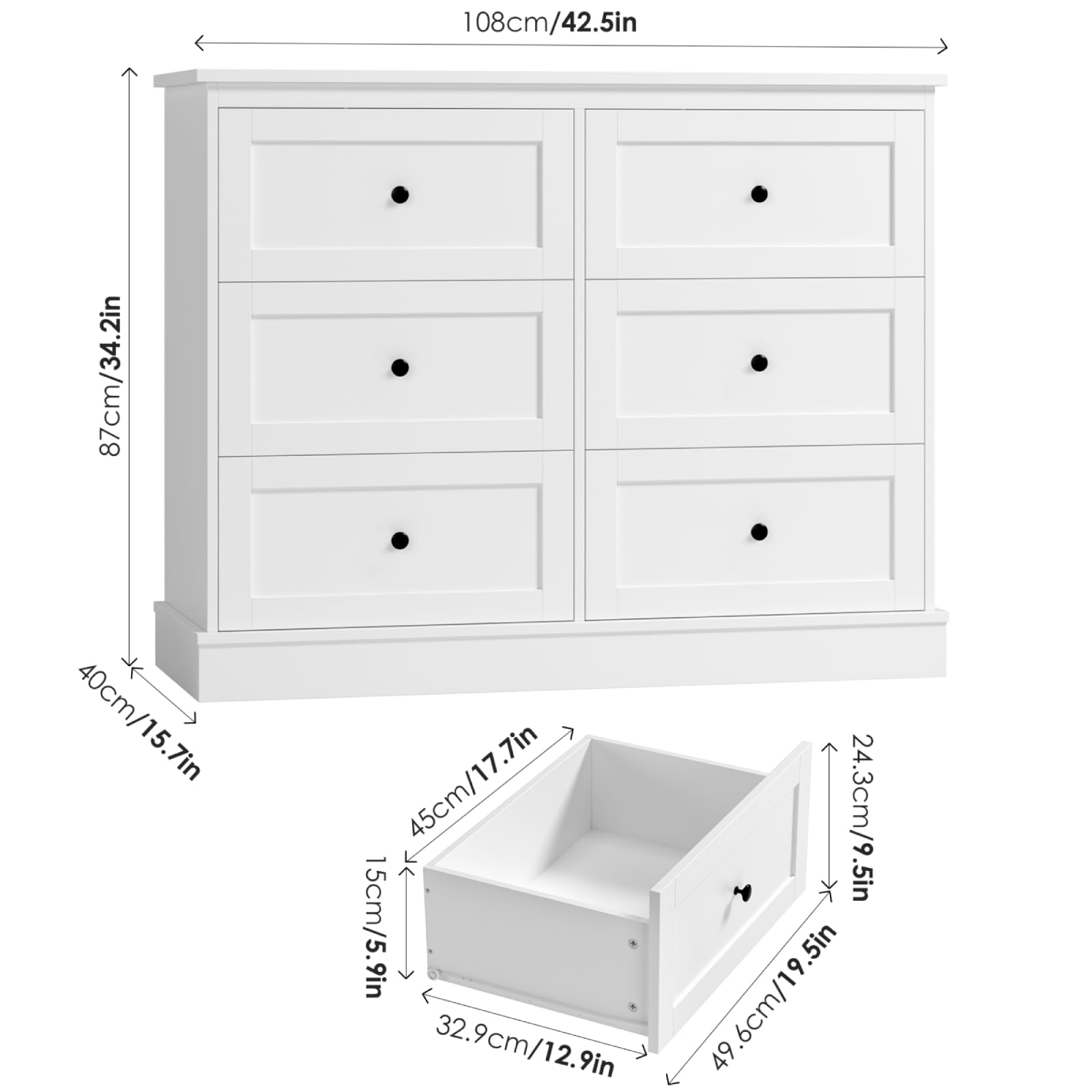 FOREHILL Commode avec 6 Tiroirs, Commode Chambre Adulte avec Poignée, Blanc | Armoire rangement chambre, 108x40x87cm, 6 tiroirs spacieux à vêtements, Base surélevée, Pour salon entrée, Style moderne