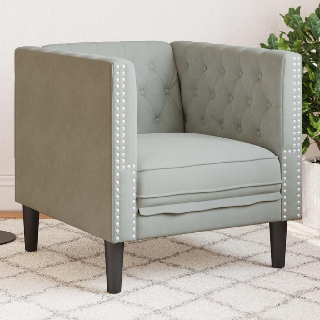 Chesterfield fotel z aksamitu, jasnoszary, 71 x 74,5 x 70,5 cm, tapicerowany fotel do salonu, biura, sypialni, wygodny mebel do siedzenia, elegancki design, wytrzymała sofa