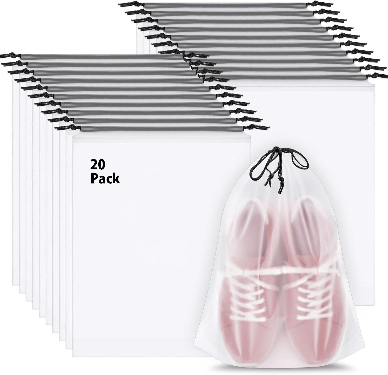 pack of 20 shoe bags for travel, clear travel shoe bags for packing, large waterproof portable drawstring travel shoe storage bag travel essentials for men and women