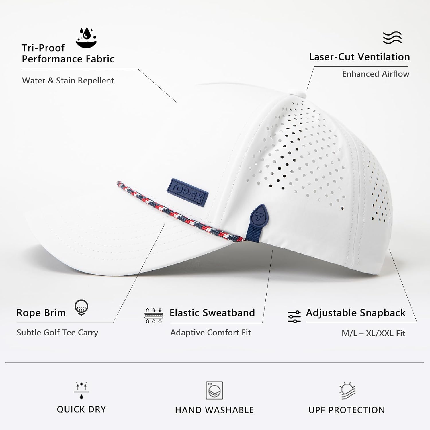 TOP-EX UVCoolix™ Performance Rope Hat Water-Resistant Beathable Baseball Cap Men Golf Workout Hat Snapback Laser Perforated