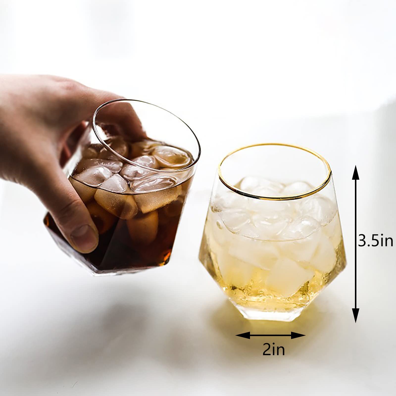 XKXKKE Diamant-Weingläser, 6 Stück, 284 ml, moderne Stiellose Glasbecher mit Goldrand, klare Trinkgläser zum Servieren von Partys, Zuhause, Bar, Restaurants, transparent, 6 Stück