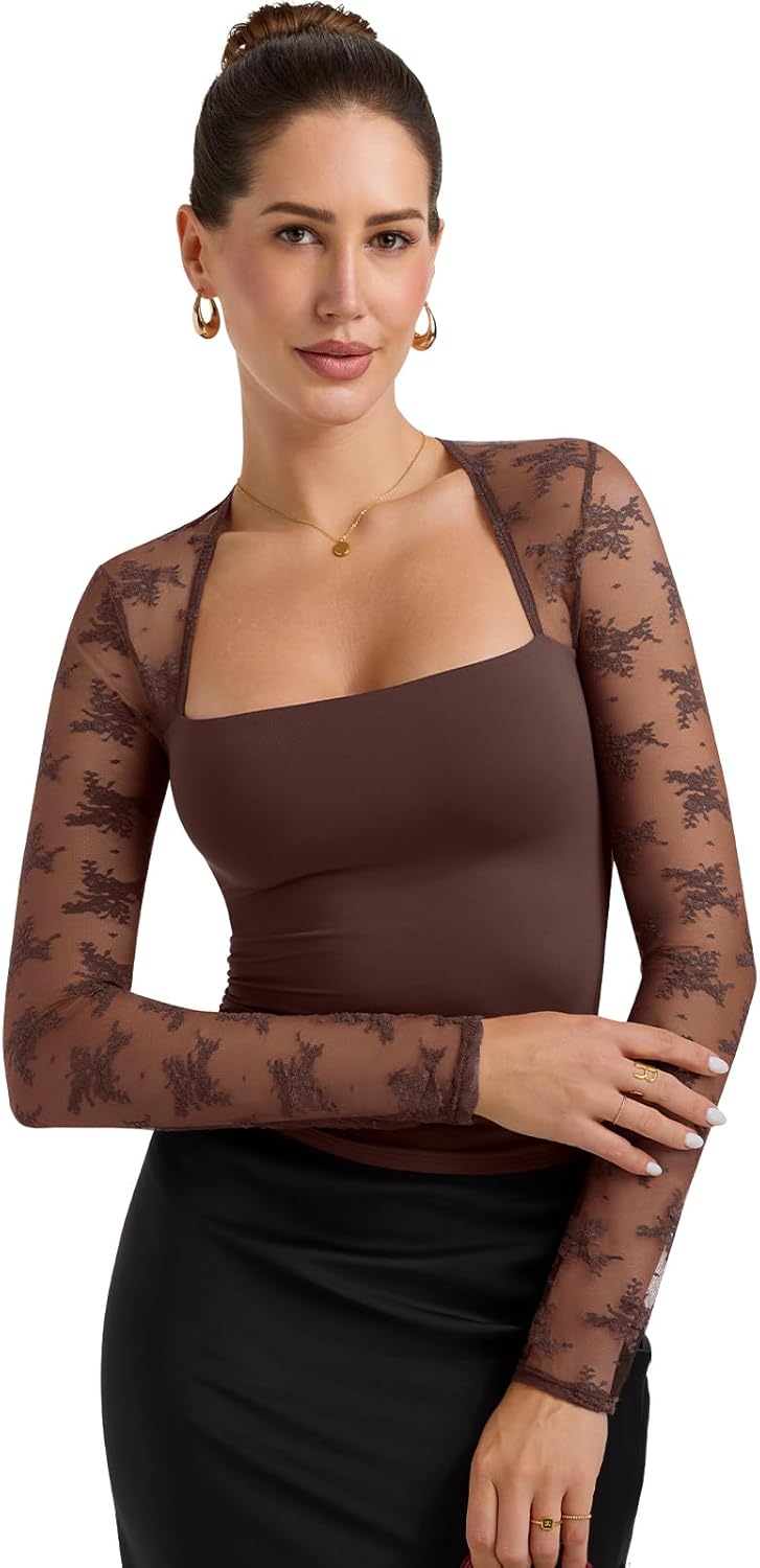 PINKMSTYLE Women Sexy Square Neck Lace Long Sleeve Tops Slim Fit Double Lined Trendy Y2K Going Out Fall Shirts - Image 3