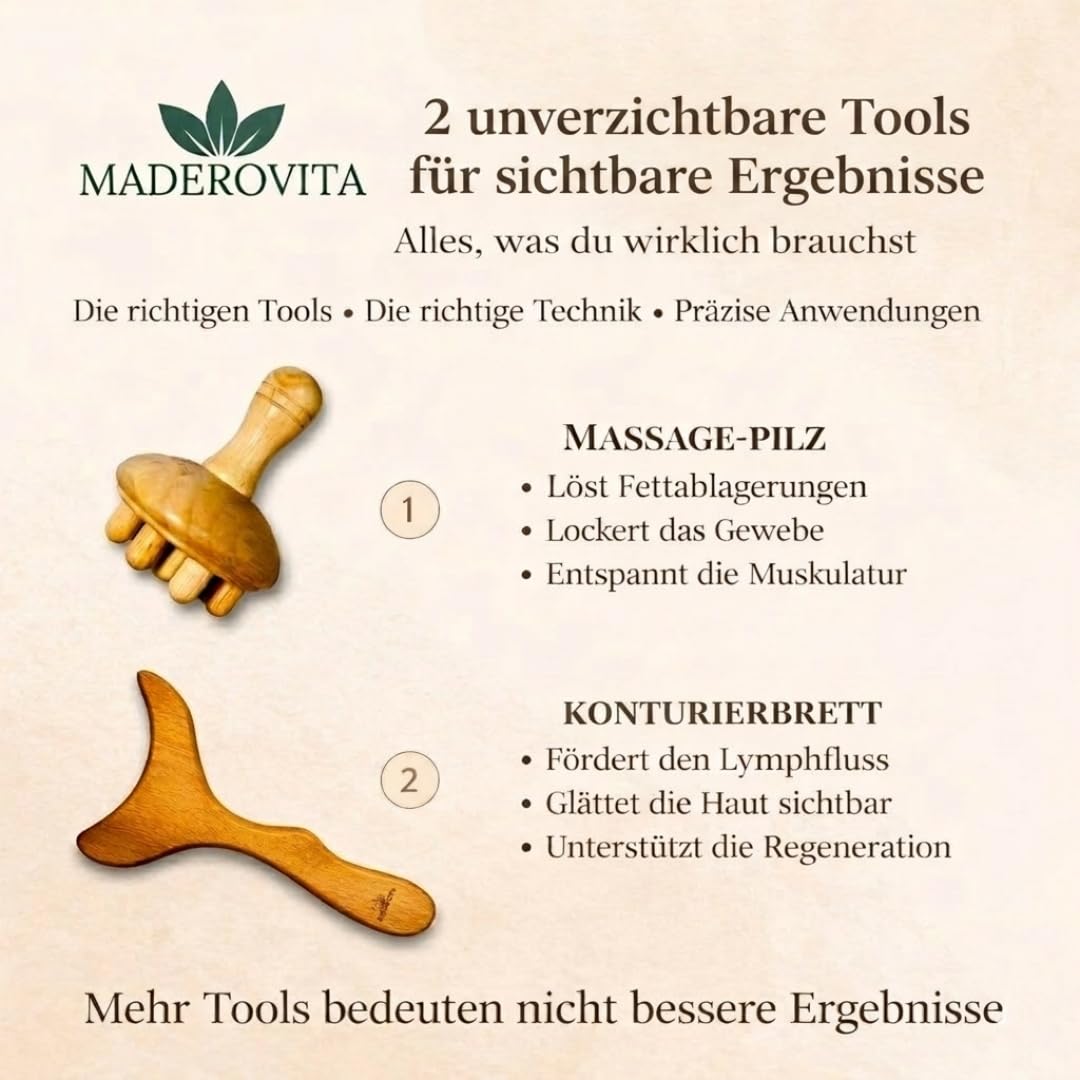 Maderotherapie Set Holz – Anti Cellulite Massage & Lymphdrainage Massagegerät – Körpermassage für Bauch Beine Po – inkl. Videoanleitungen – MADEROVITA