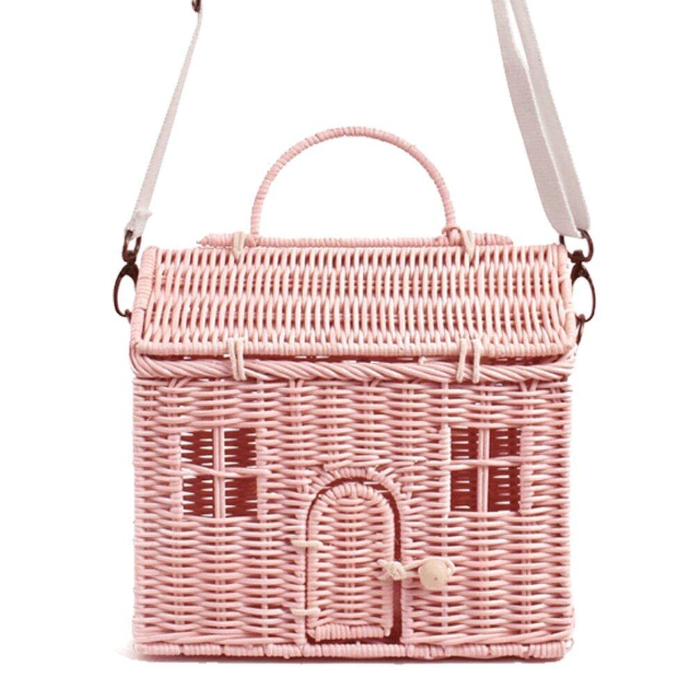 Sac en rotin en forme de maison pour femme, bandoulière en osier tressé