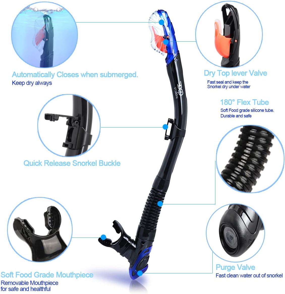 EXP VISION Dry Snorkel, Adult Dive Snorkel Free Breath Diving Snorkel Tube Food-Grade Silicone Mouthpiece Snorkeling Gear with Splash Guard Top Valve and Headstrap Clip for Snorkeling Swimming : Sports & Outdoors