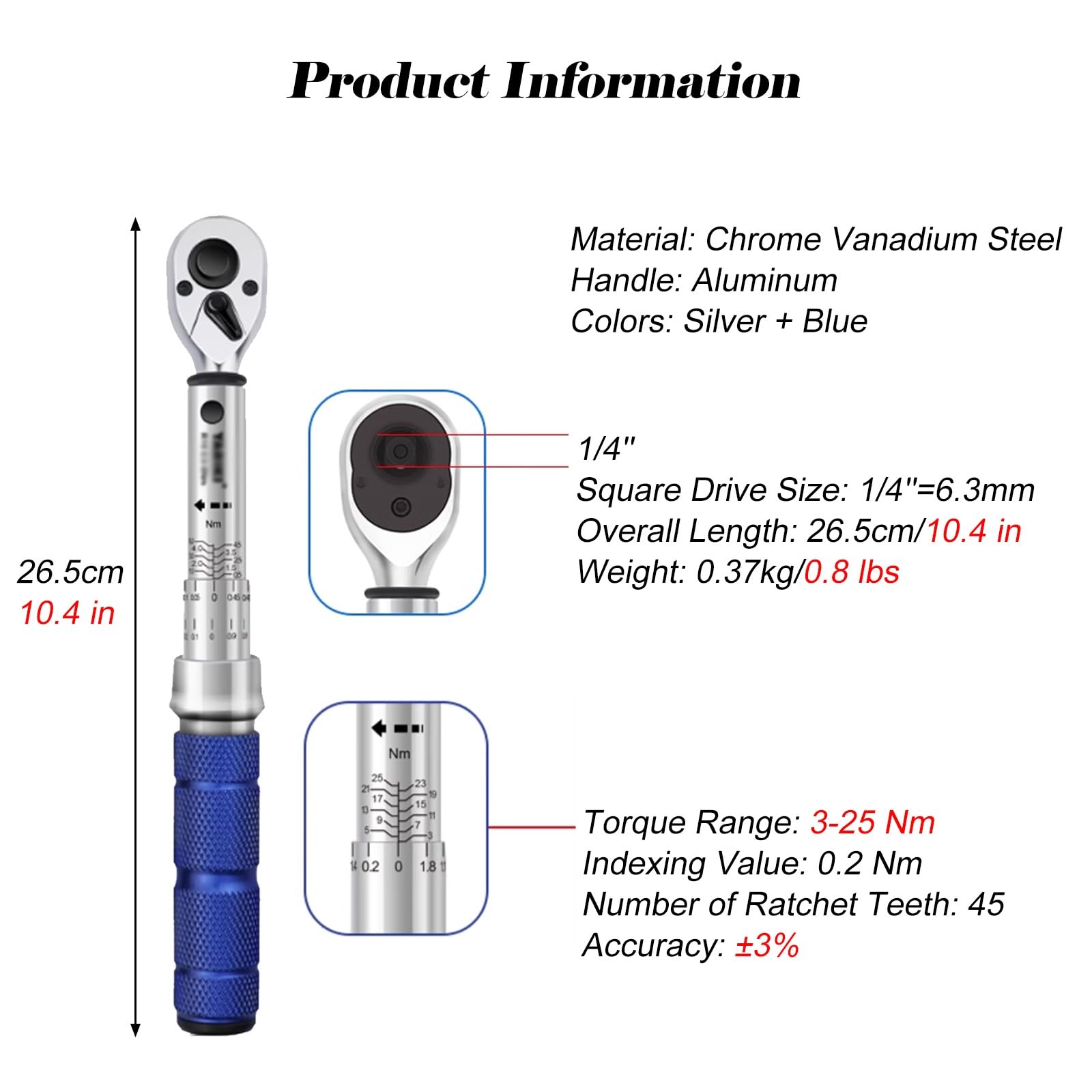 Chiave dinamometrica Chiave dinamometrica regolabile Precisione ±3%, chiave a ingranaggi da 1/4" con impugnatura ergonomica antiscivolo, set di chiavi dinamometriche per progetti meccanici/ingegneria