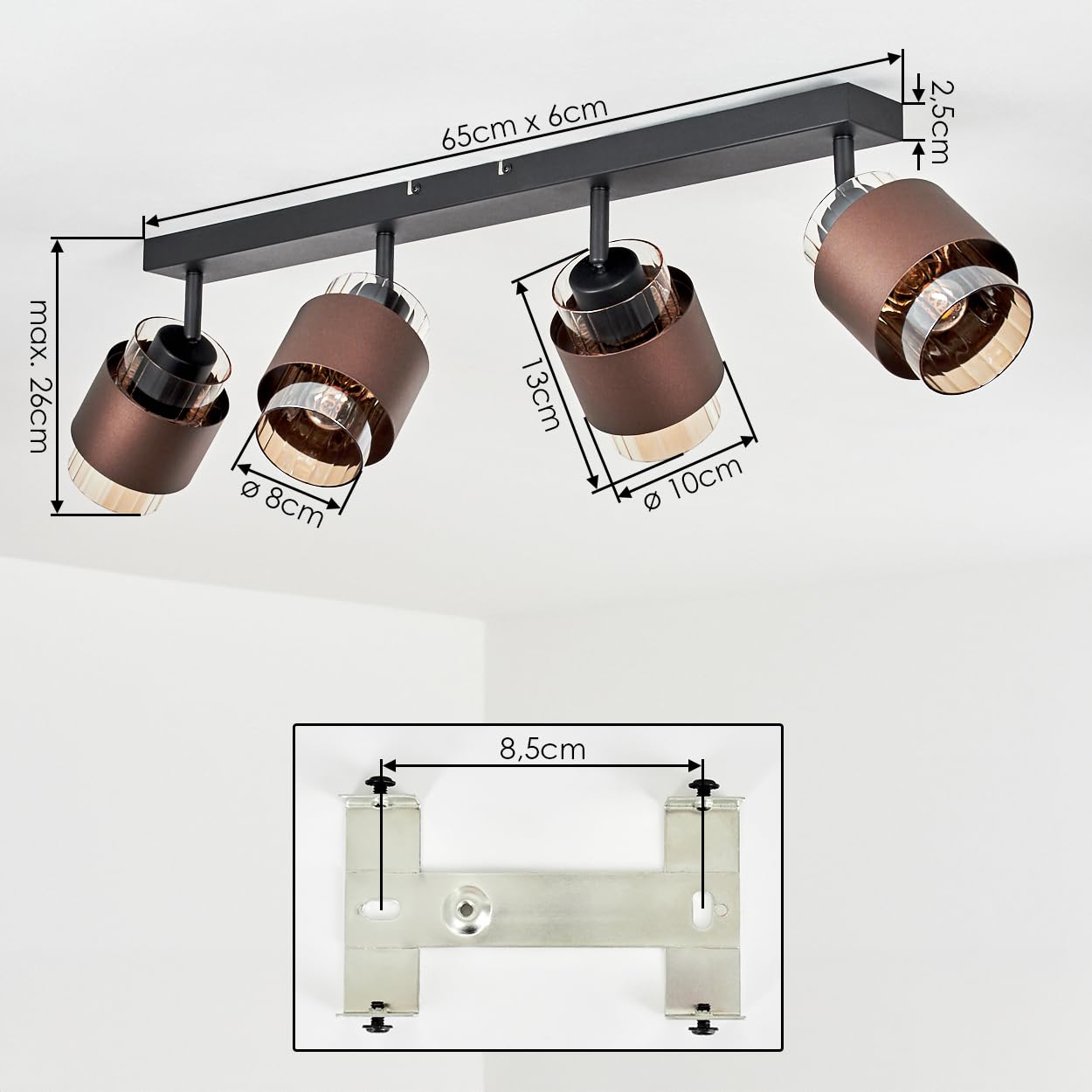 HOFSTEIN Lampada da soffitto Traak, 2 luci in metallo/vetro scanalato in nero/bronzo/ambra, lampada regolabile con interruttore sulla cassa, 2 x E27, sala da pranzo, cucina, soggiorno, camera da letto