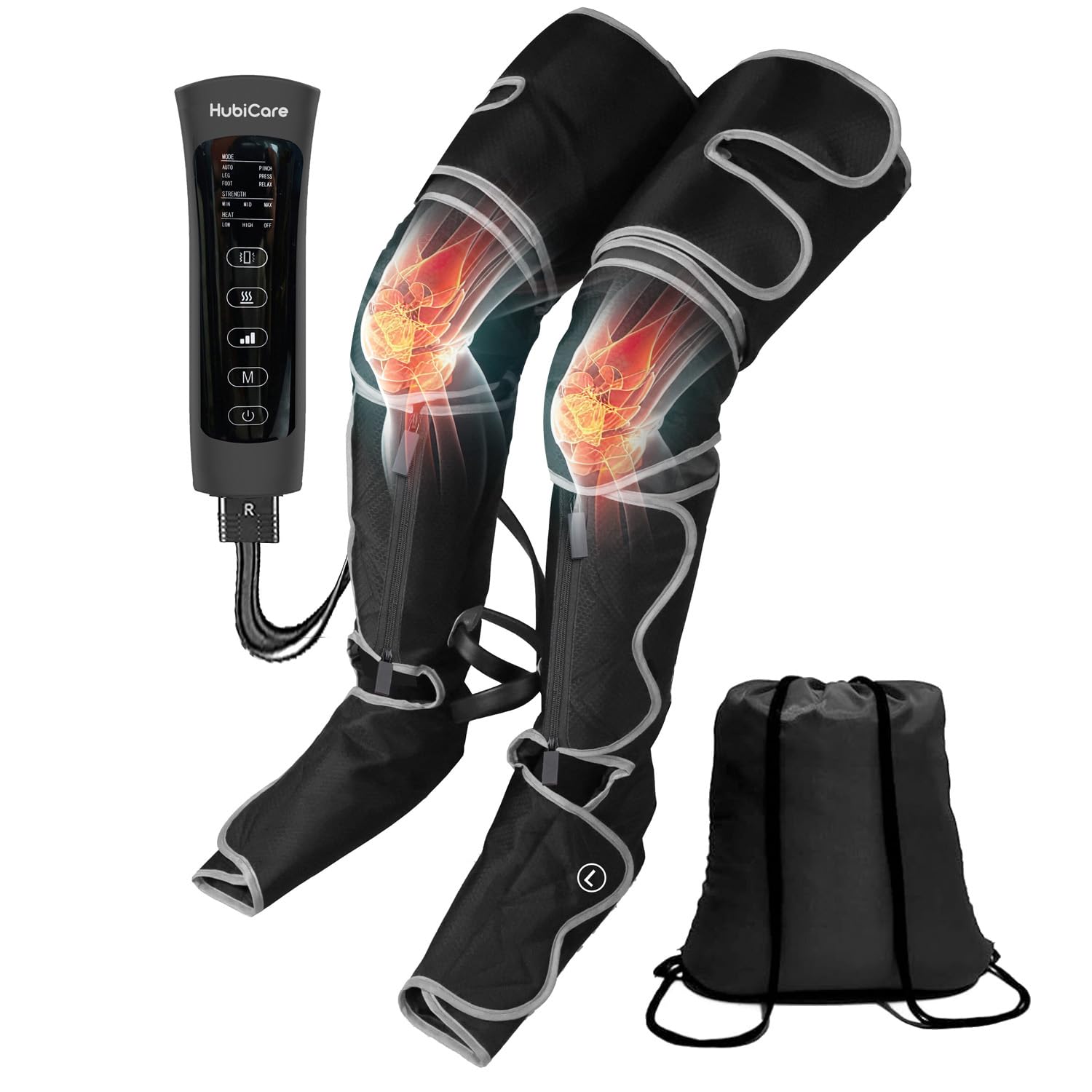 HubiCare Masajeador de Pierna con Compresión de Aire, 6 Modos para Circulación, Alivio del Dolor y Relajación y Recuperación Rápida en Pie, Pierna, Pantorrilla y Muslo (con Extensión y Bolsa)