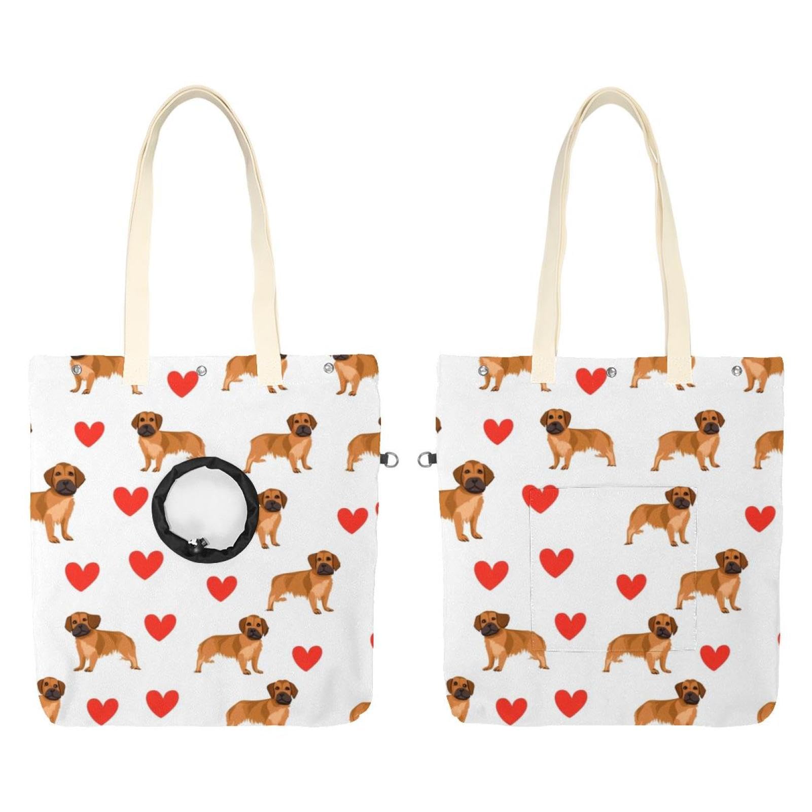 Sac à bandoulière en toile pour petit chien marron à cœurs rouges