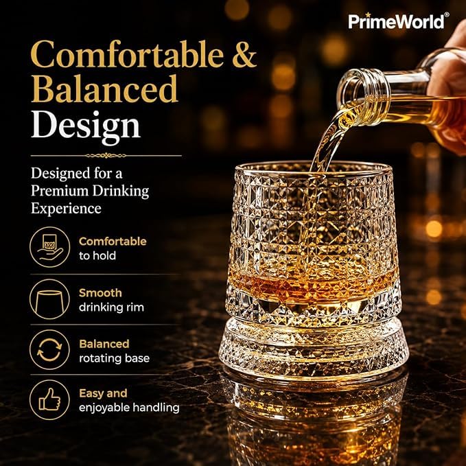 Image of PrimeWorld Diamond Dancing Whiskey Glasses - Set of 6 | 300ml 360 Rotating & Spinning Old Fashioned Tumblers | Diamond Cut Crystal Clear Bar Glasses for Whiskey, Bourbon, Scotch, Brandy & Cocktails