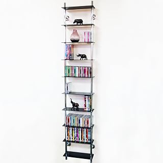 WATSONS MAXWELL - Wall Mounted 10 Tier Glass 300 CD / 200 DVD/Blu-ray Storage Shelf - Black