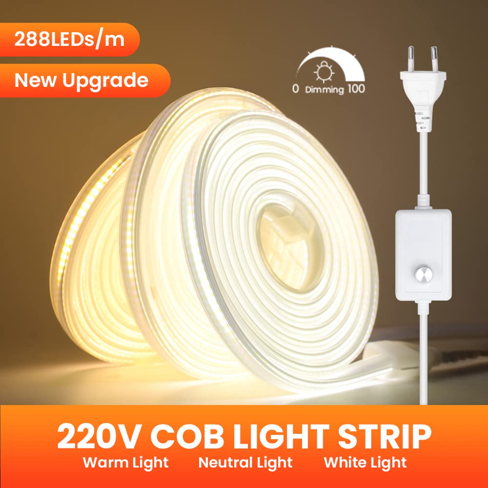 288 LED/m tira de neón LED COB regulable CRI85+,IP67 resistente al agua,flexible,AC220-240V,recortable,diseño DIY,iluminación decorativa para el hogar y tiendas [10m, blanco cálido 3000K]