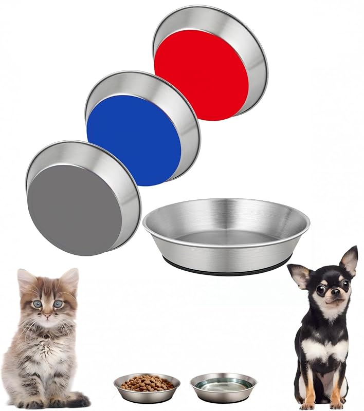 Tigelas Rasas de Aço Inoxidável 304 para Gatos com Base Antiderrapante Faoemsey, Black, Grey, Blue e Red — Pacote com 4