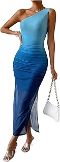 Women's Bodycon Sleeveless Midi Dress Ombre Ruched Mesh One Shoulder Dresses - Buy now