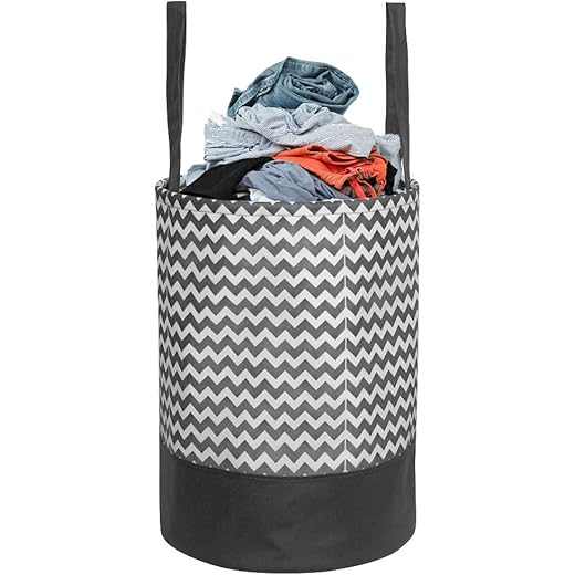 PrettyKrafts 45L Non Woven Wave Printed Round Foldable Large Laundry Bag/Basket With Handle, Freestanding Cloth Storage Organizer for Bedroom, Bathroom (36x36x45cm, Black & White, Set of 1)