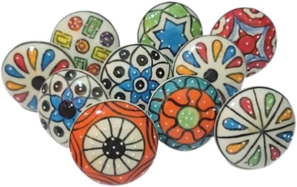 PARIJAT HANDICRAFT Assorted Pack of 10 Hand Painted Multi Designed Ceramic Cupboard Cabinet Door Knobs Drawer Pulls and Hardware Knobs Pulls Door Knobs