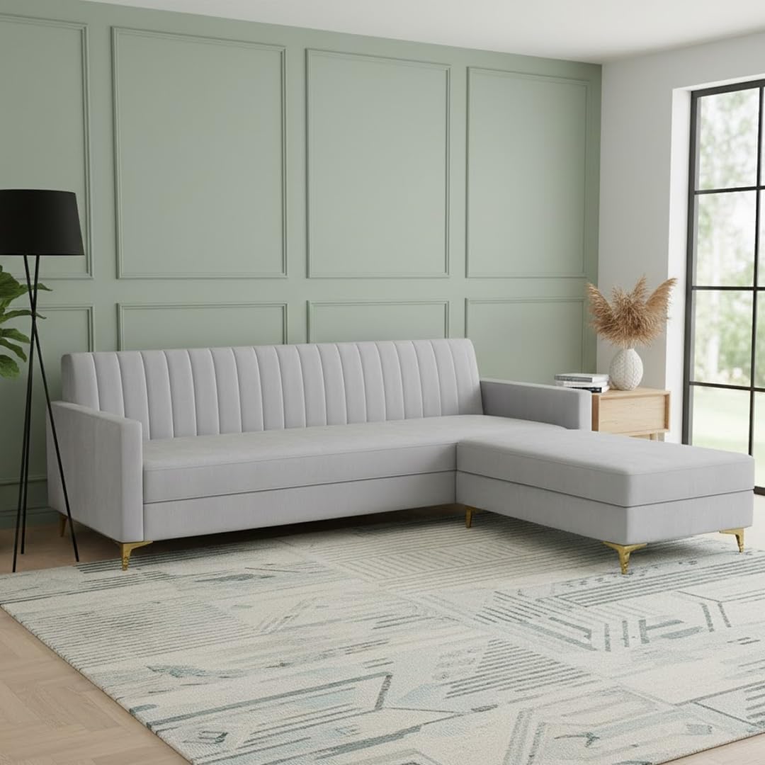 CASASTYLE Morillo 3 Seater Modular L Shape Sofa Set with Ottoman | Soft Velvet Suede Fabric | Modern Design | Plush Comfort Cushions for Living Room (Light Grey)