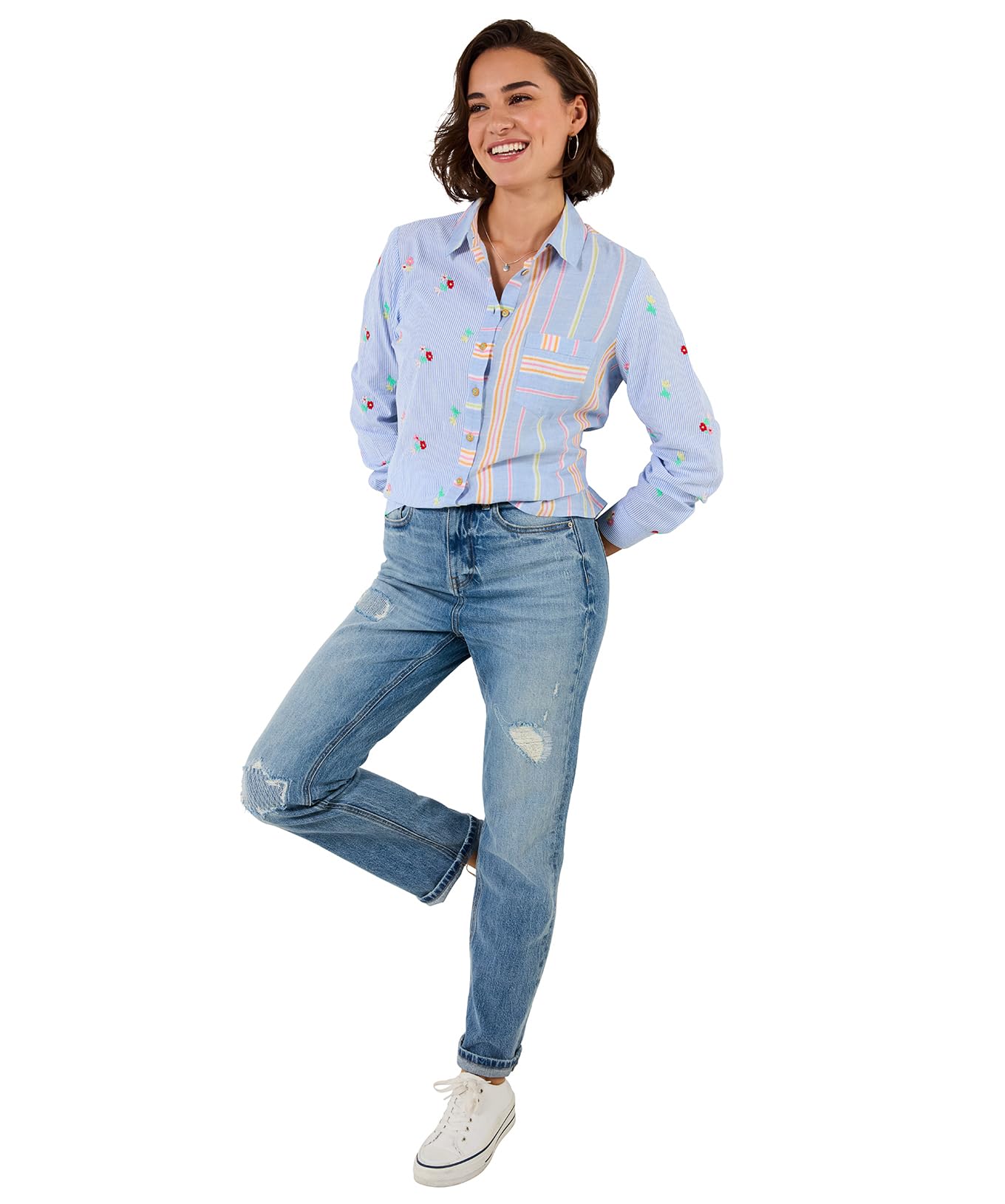 Joe Browns Women's Blue Embroidered Contrast Panelling Cotton Shirt In Size 18