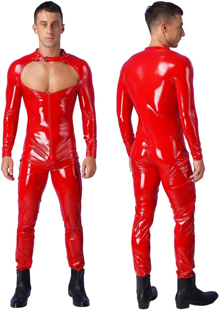 Mens Patent Leather Bodysuit Long Sleeve Cut Out Zipper Crotch Leotard Jumpsuit Nightclub Cosplay Costume