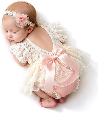 ForBaysy Infant Newborn Photography Props Girl Outfit Lace Romper with Cute Flower Headband Newborn Dress Posing Props