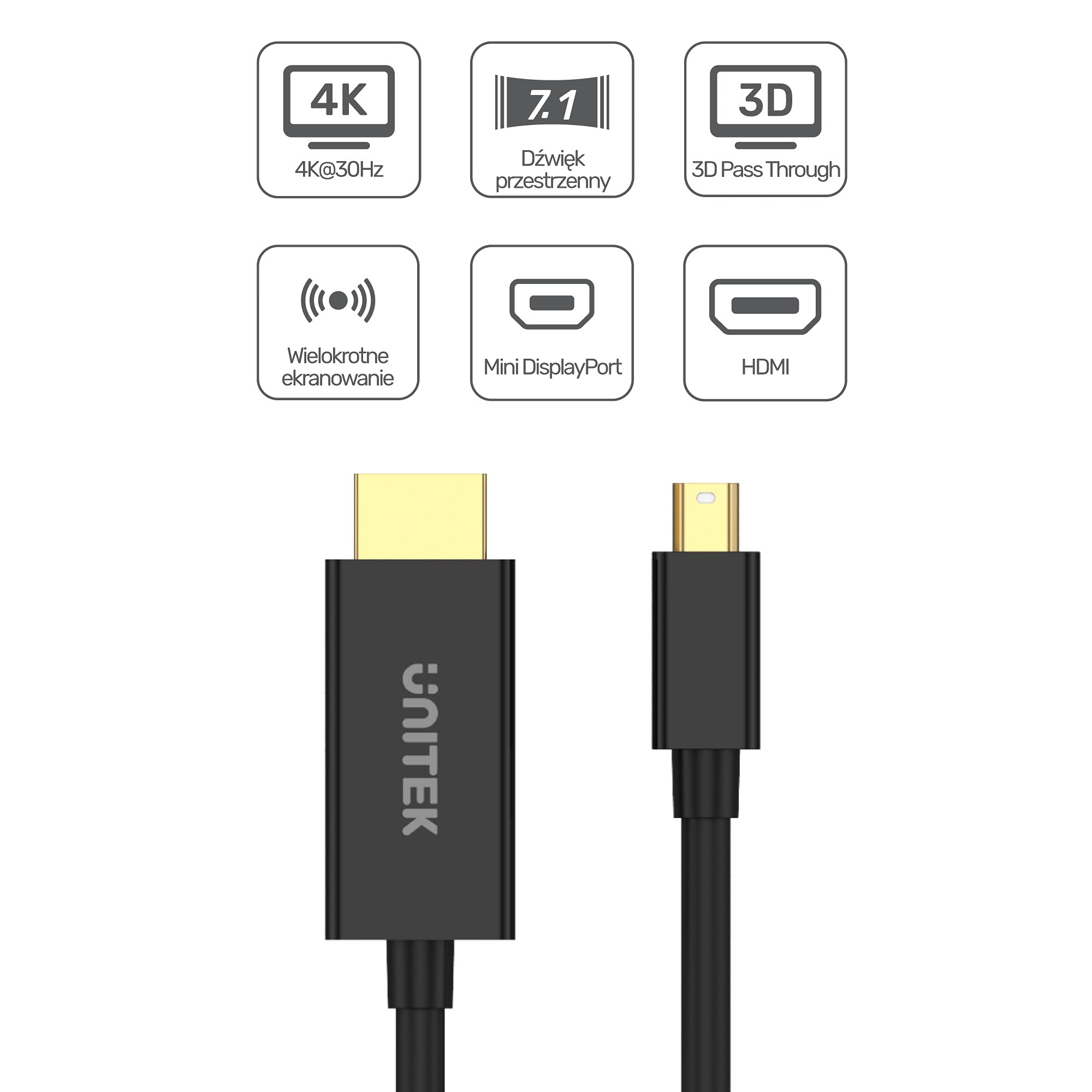 V1152A Unitek Adaptör miniDP NA HDMI 4K 30Hz Kablo 2M / 4K@30Hz / Plug and Play/HDR/Full HD/Audio-wideo/HDMI 1.4 / Altın Kaplama Bağlantılar/Renk siyah
