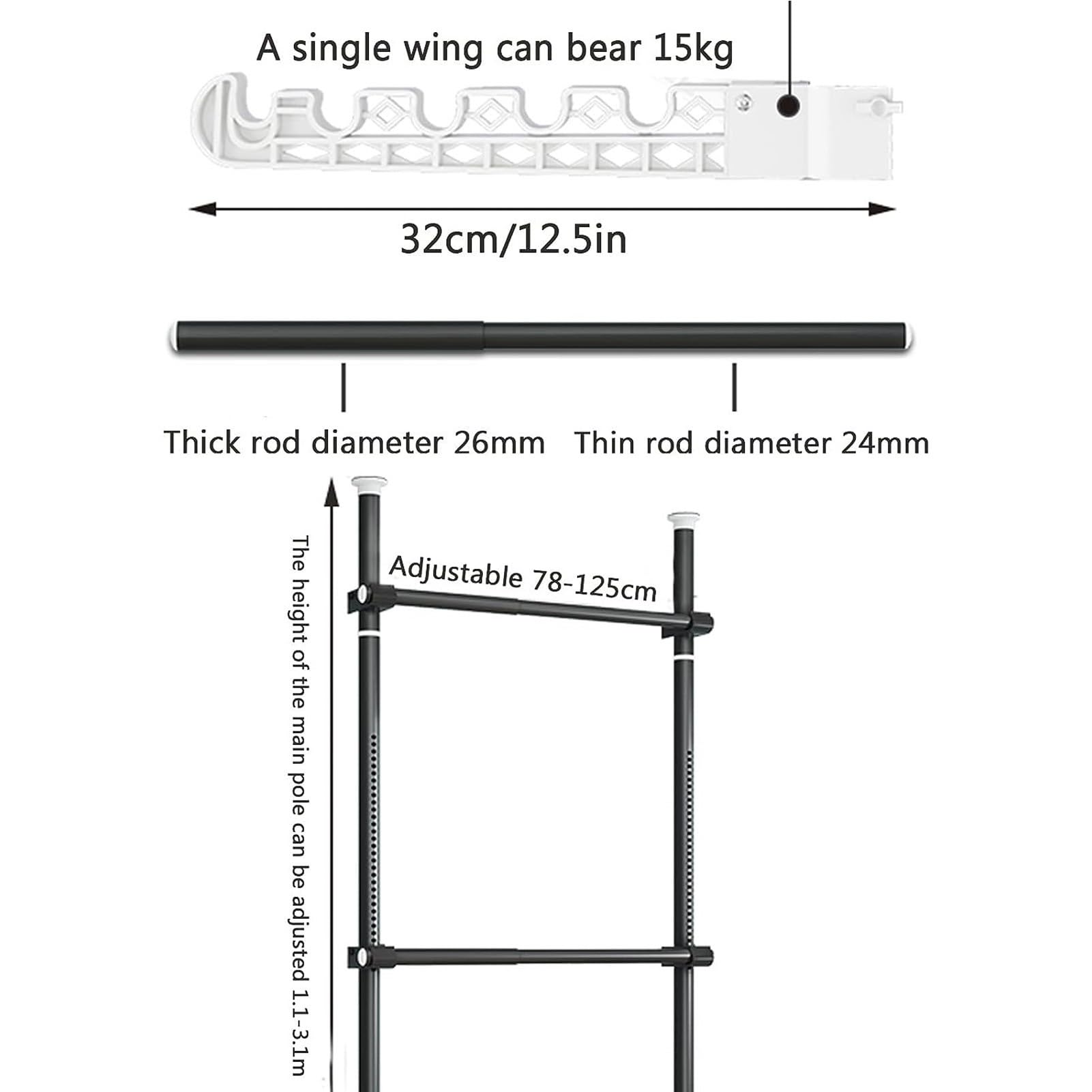 Appendiabiti telescopico regolabile, resistente, per cabina armadio, fai da te, 60 kg, versatile sistema di guardaroba bianco