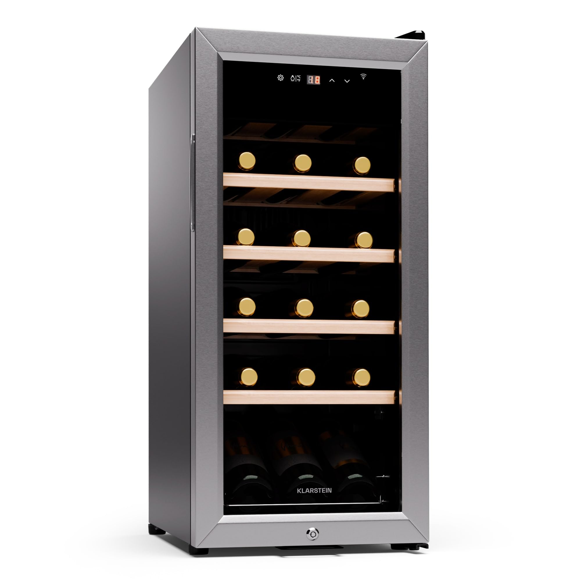 Klarstein Shiraz 自立式ワインクーラー ドリンク冷蔵庫、シングルゾーンワイン冷蔵庫、ワインプロセッコ&ビールボトル、タッチパッド、屋内/屋外バー冷蔵庫&ワインクーラー 庭用、5-18°C、18本