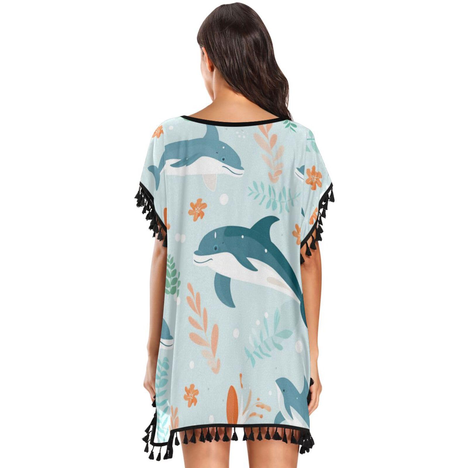 Repeating Pattern Dolphins Women's Beach Cover Up Chiffon Tassel Swimwear Swimsuit Coverups for Girl
