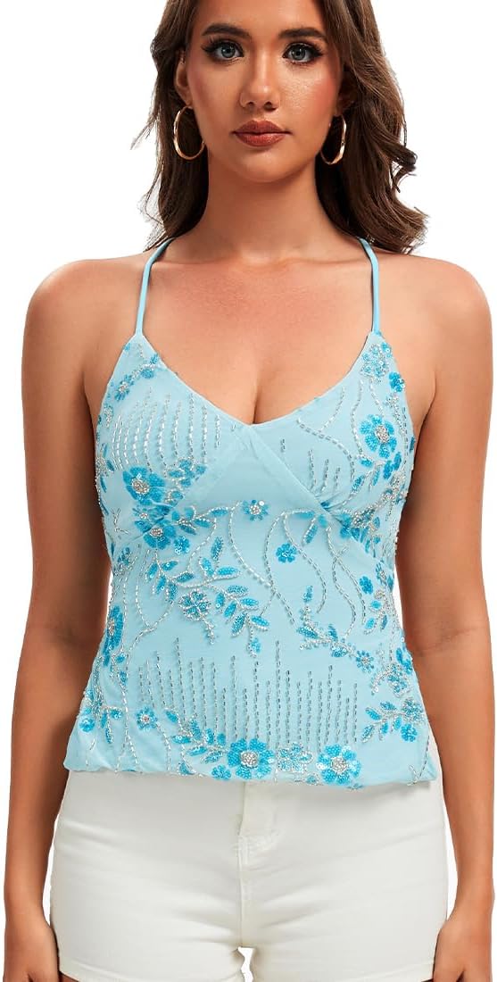 Y2K Women Cute Sparkle Backless Sequin Cami Top Mermaid Top V Neck Open Back Criss Cross Straps Summer Crop Tops - Image 4