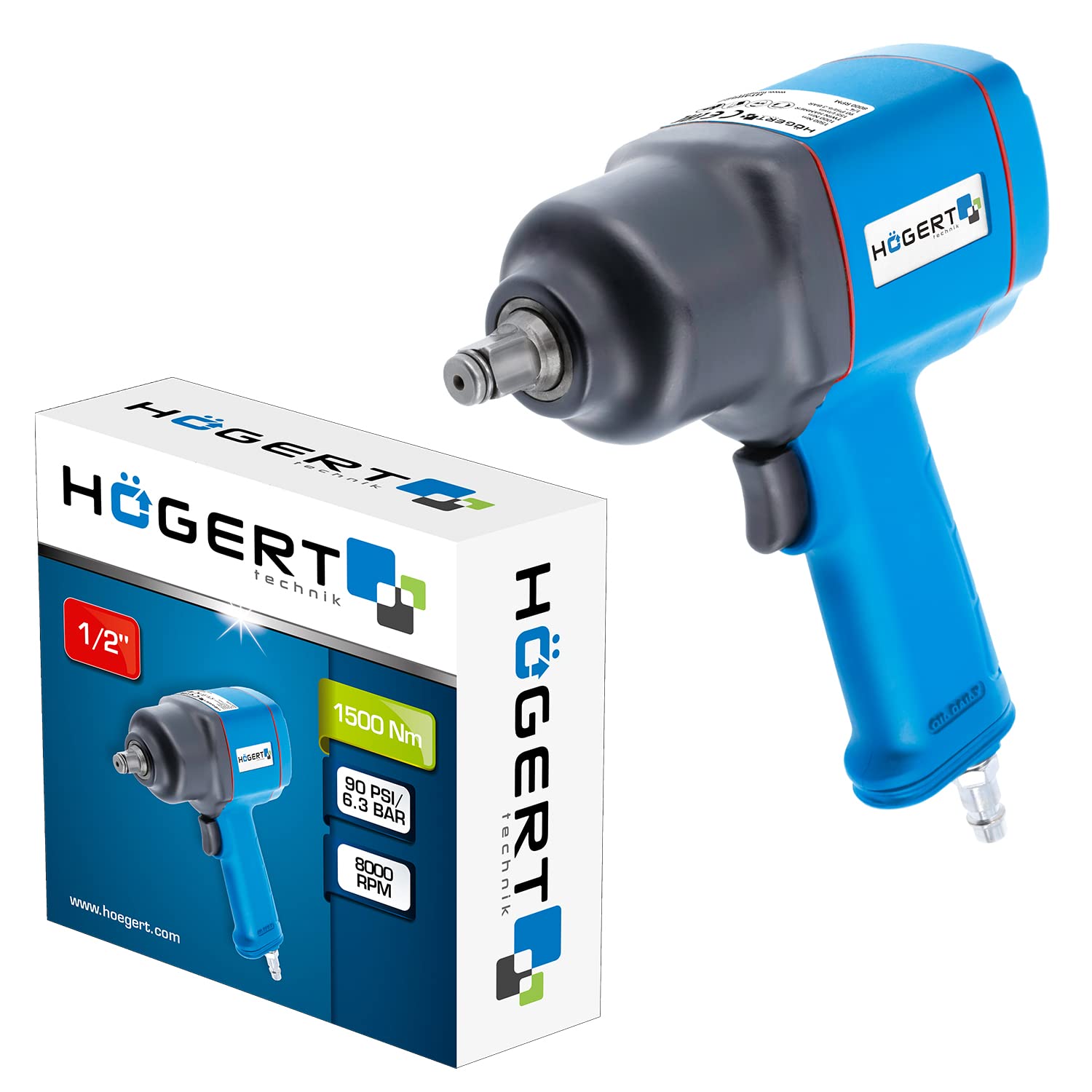 Högert Technik - Pneumatyczna wkrętarka udarowa 1/2" I mechanizm udarowy - Twin Hammer I zakres mocy do 1500 Nm I 3 zakresy pracy I przełącznik kierunku obrotu w lewo/prawo I HT4R623