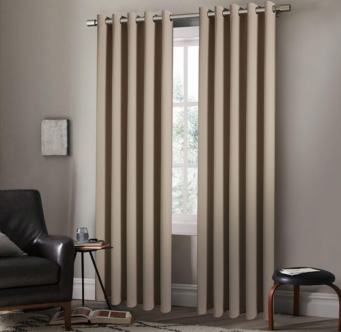 StylemyBedroom Pair of Eyelet Ring Top Thermal Blackout Curtains with Tie Backs – Plain, Insulated, Energy-Efficient, Light-Blocking, Noise-Reducing, Lined Design (Beige,66" x 90" (168x229cm))