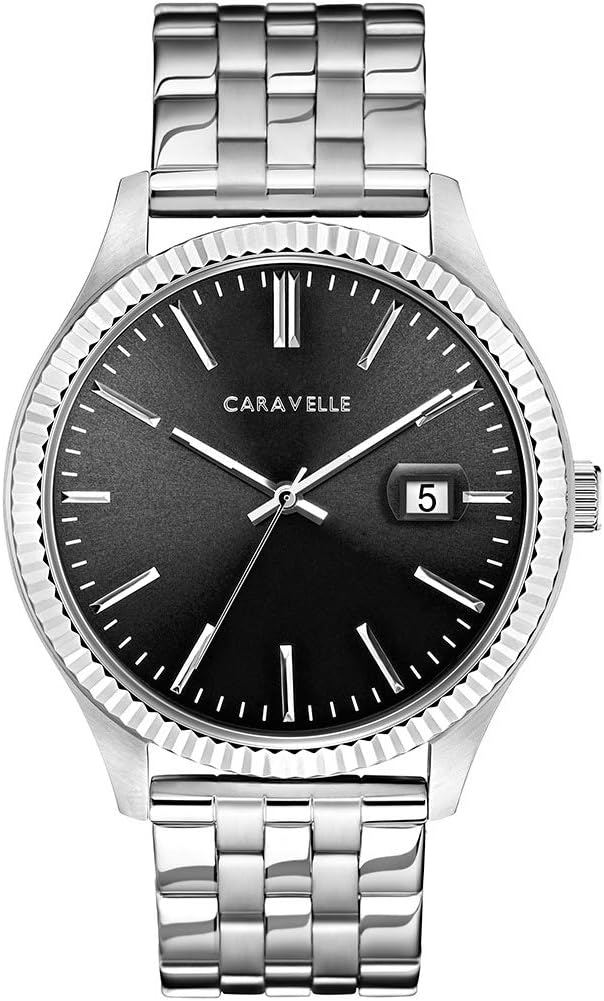 Caravelle by Bulova Men's Dress 3-Hand Date Quartz Watch, Stainless Steel, Coin Edge Bezel, 41mm