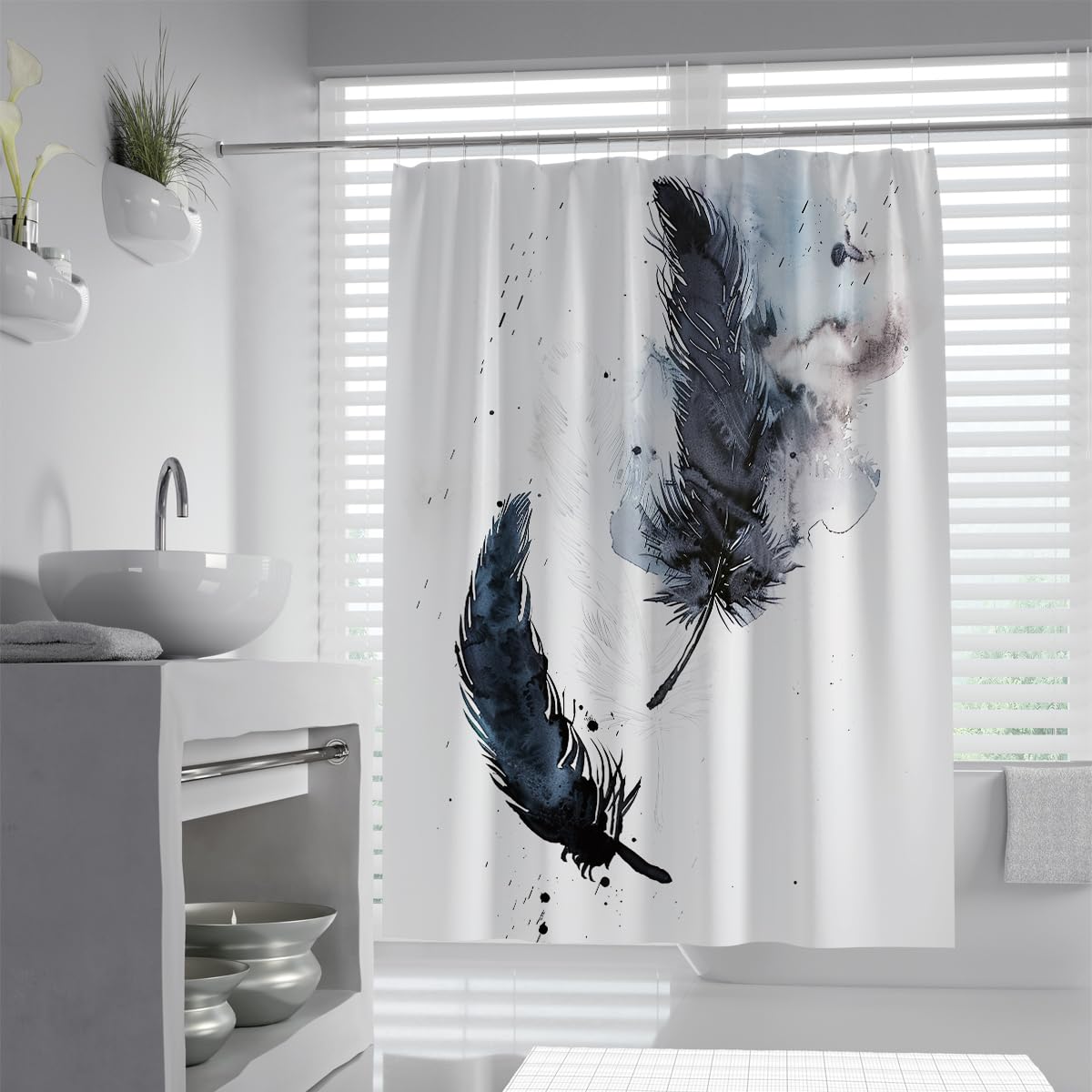 UIRINGART Feather Shower Curtain W200xL220cm Abstract Black Blue Watercolor Plumes Splash Ink Mildew Mould Resistant Polyester Fabric Waterproof Washable Bath Curtains