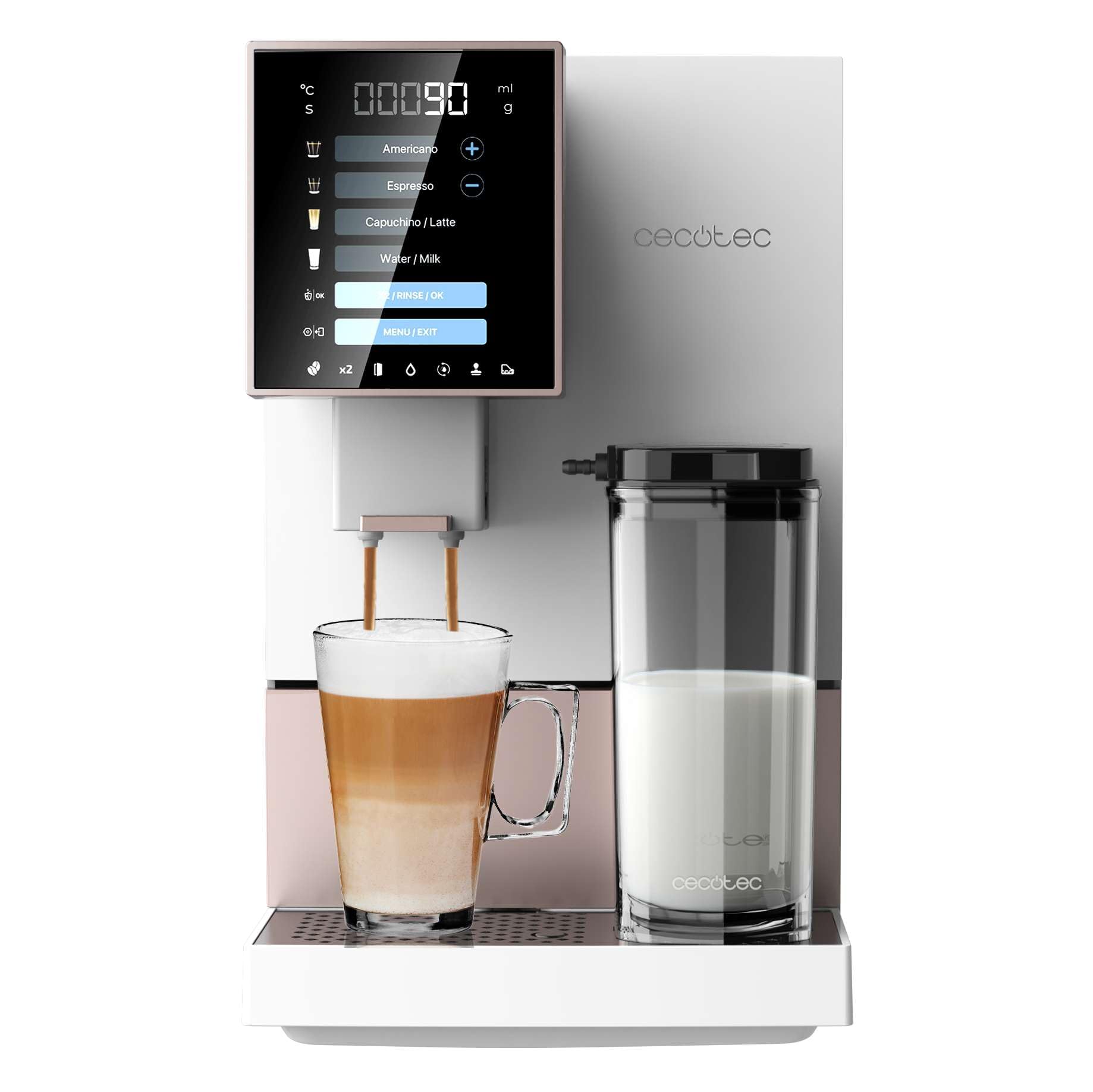 Cecotec Macchina da Caffè Superautomatica Cremmaet Compactccino White Rose, 19 bar, Serbatoio Latte, Sistema Thermoblock, 5 Livelli di Macinatura, Serbatoio Caffè 150g