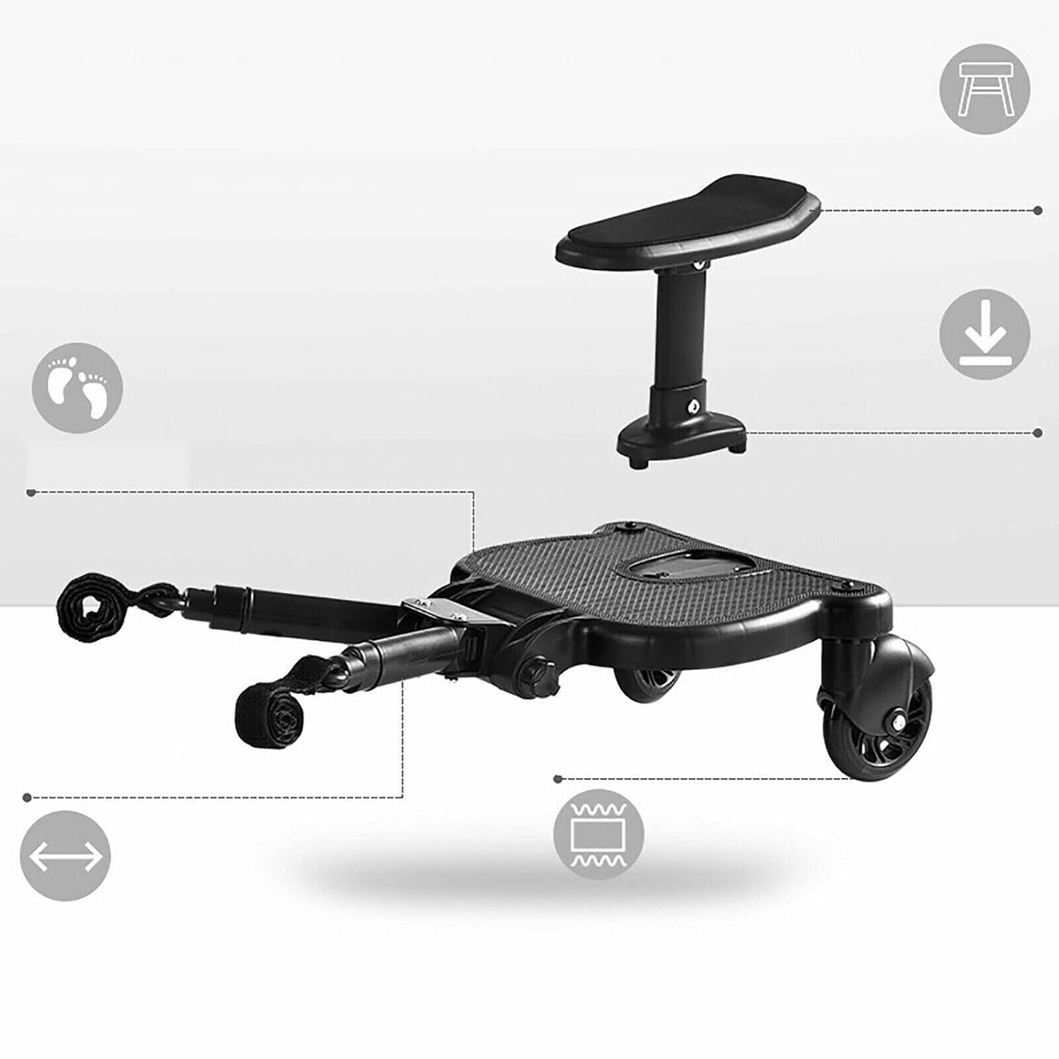 25Kg Baby Stroller Wheels Board with Detachable Seat,Stroller Glider Board Suitable, Auxiliary Pedal Adapter w/Seat Standing Board for Most Brands of Strollers, Holds Children Up to 55lbs