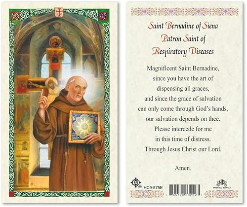 Prayer to St Bernardine of Siena Patrona de las Enfermedades Respiratorias - Tarjetas laminadas de oración - Paquete de 25 - Inglés