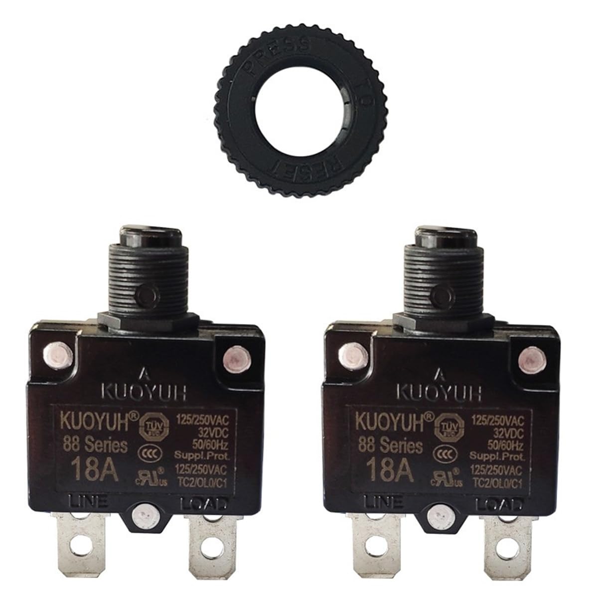 Genuine KUOYUH Circuit Breaker Thermal Overload 88 Series 18A Quick Connect Terminals 32VDC 125/250VAC 50/60Hz Push-to-Reset Button 2-Pack (18A)