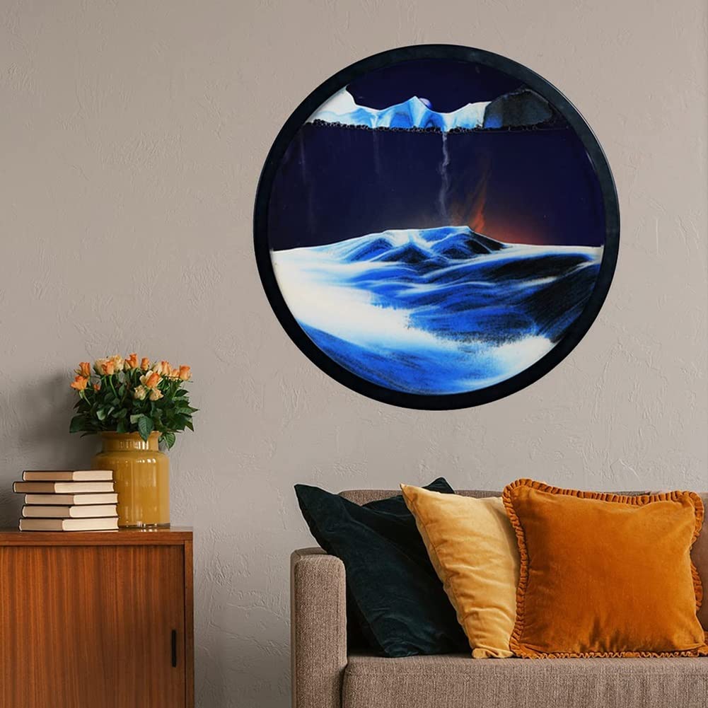 JYBBST 17.3" Moving Sand Art Decor, 360° Rotate Wall Mounted Moving Sand Art Picture,Round Glass Crafts Solid Wood Frame, Relaxing Mood Peaceful Piece Home Office Work Decor(N)