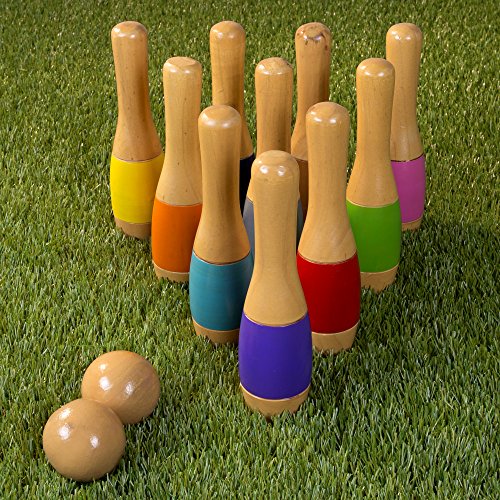 Lawn Bowling Game/Skittle Ball- Indoor And Outdoor Fun For Toddlers, Kids, Adults –10 Wooden Pins, 2 Balls, And Mesh Bag Set By Hey! Play! (9.5 Inch) #TOP6