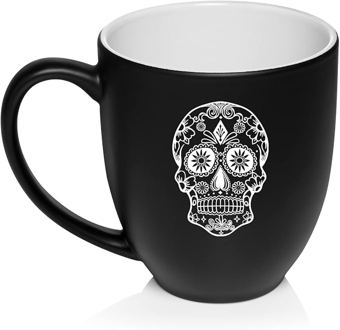 Sugar Candy Skull Ceramic Coffee Mug Tea Cup Gift for Her, Him, Brother, Sister, Wife, Husband, Friend, Family, Coworker, Boss, Birthday, Anniversary, Housewarming, Mom, Dad (16oz Matte Black)