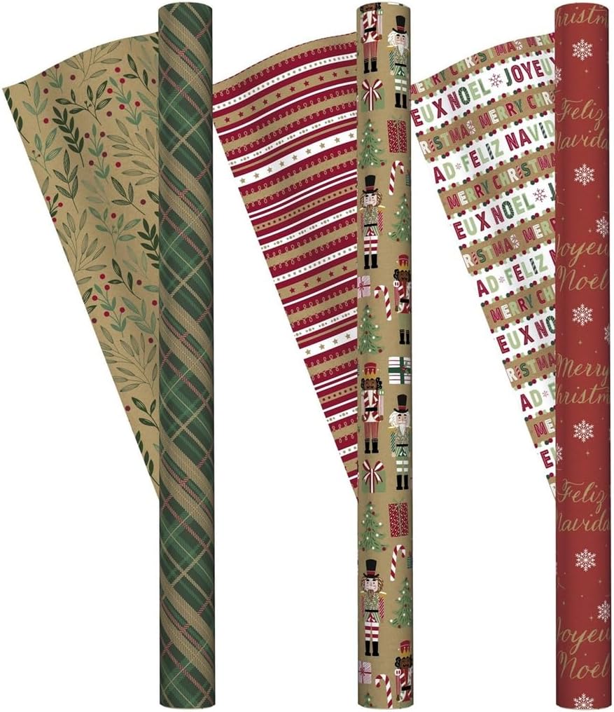 CWC 3 Roll Christmas Gift Wrap 270 sq ft Plaid/Nutcracker/Merry Christmas