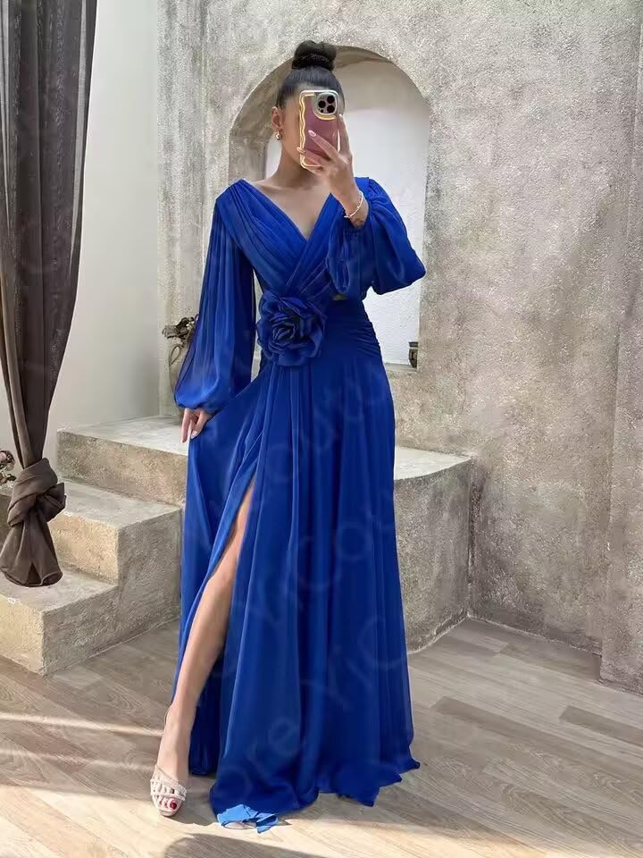 Chiffon Bridesmaid Dresses Long Sleeves Formal Dress 3D Floral V Neck Pleated Evening Gowns with Split