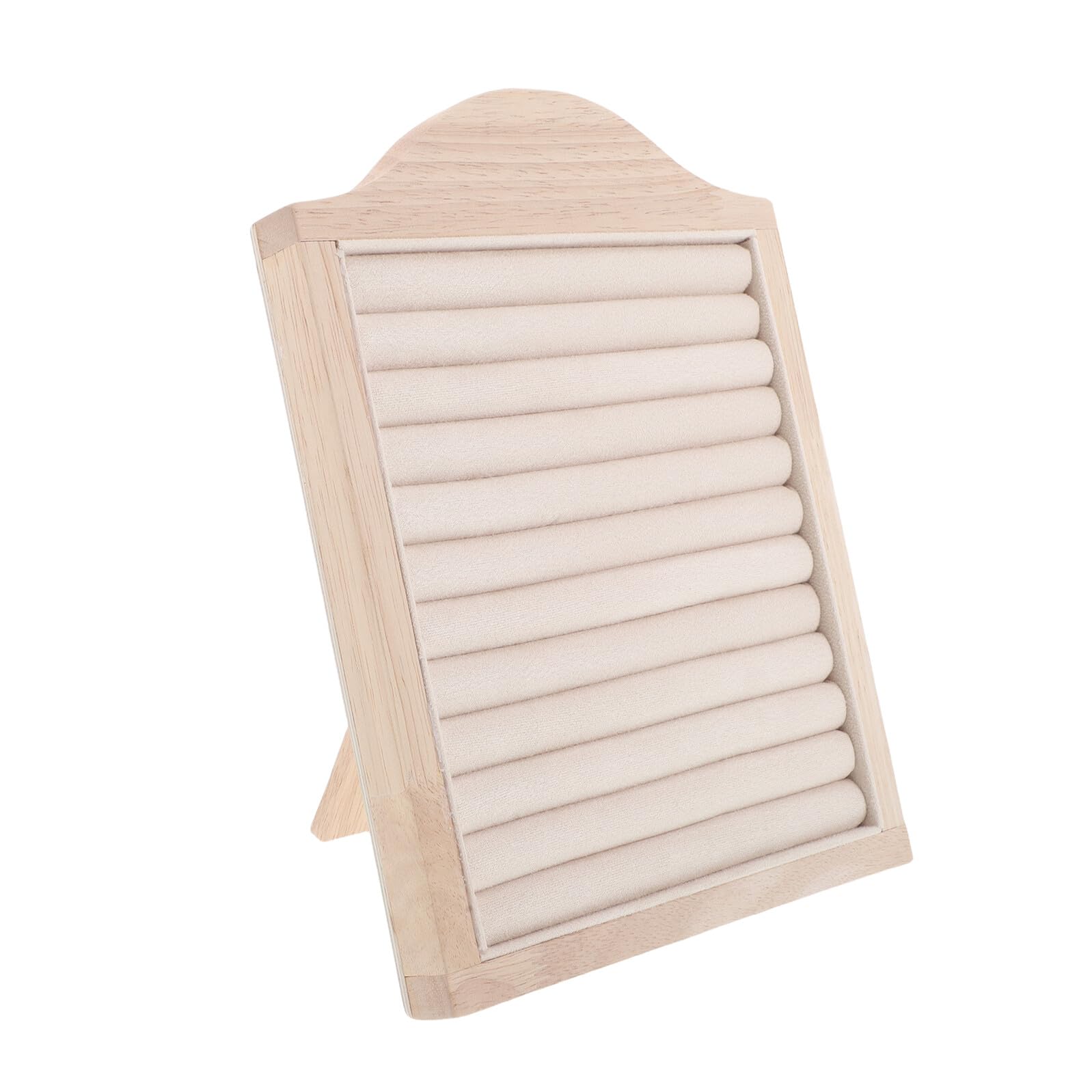 Présentoir à bagues en bois beige vertical contre le désordre