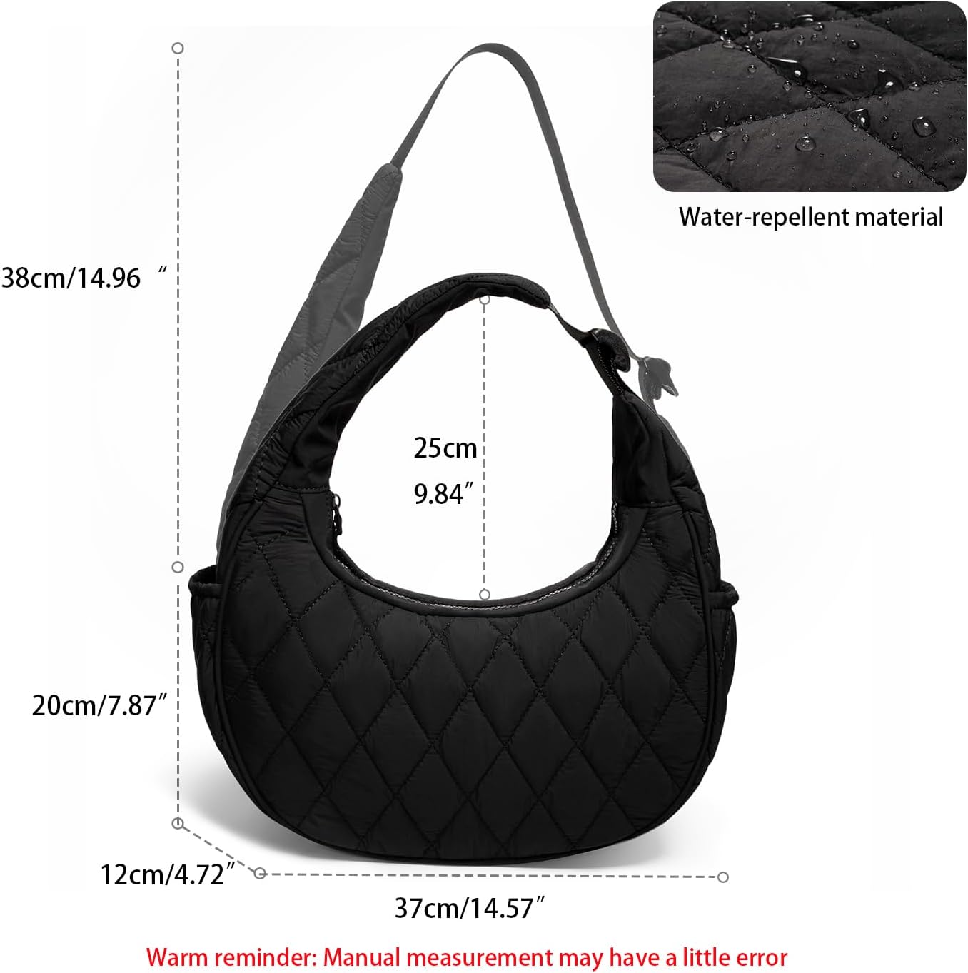 Small Puffer Crescent Shoulder Bag for Women, Nylon Quilted Shoulder Purses, Puffy Hobo Handbags with Adjustable Strap，Black - Image 4
