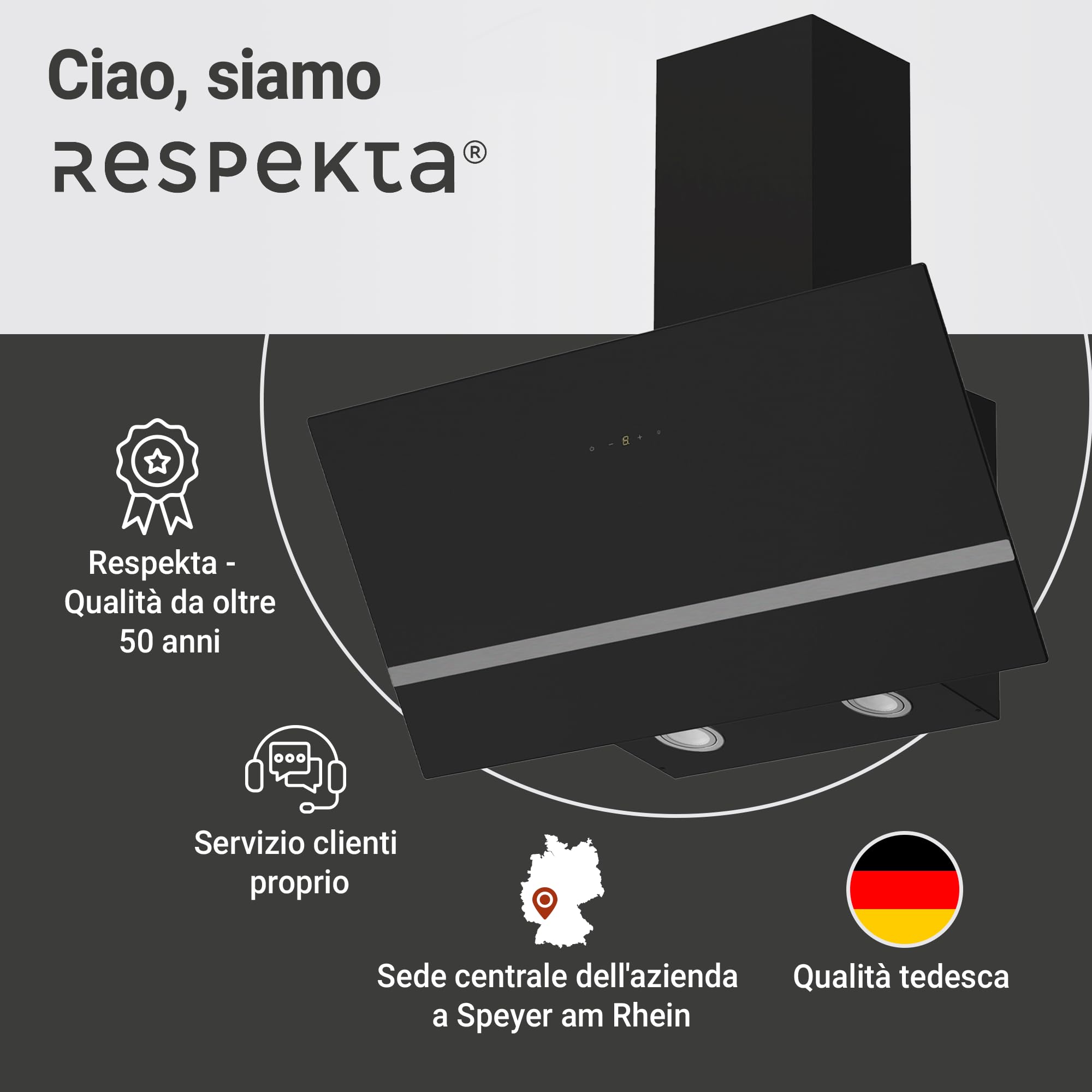 Respekta Cappa Isola senza Cappa, Cappa inclinata 90 cm, Struttura in metallo con paralume in vetro Nero, Funzione di scarico e ricircolo d'aria, CH24090SAM, A, 54 - 68 dB